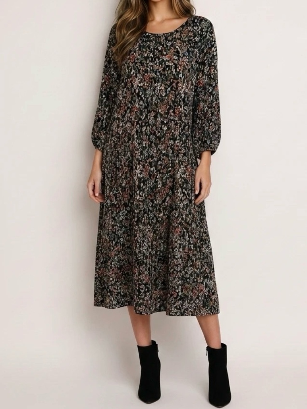 croft & barrow Black Floral Midi Dress with Rust & Cream Accents